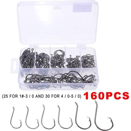 160pcs Offset Circle Fish Hooks Sea Boat Fishing Tackles Fishhook Circle Eagle Beak Hook Black Stainless Steel