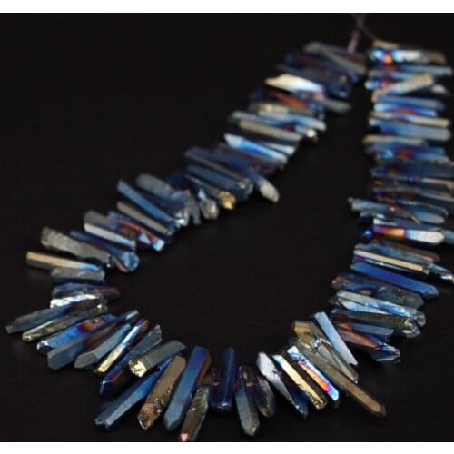 15.5"strand Blue Green Titanium Crystal Quartz Top Drilled Point Loose Beads,Raw Crystal Stick Pendant Beads Jewelry Making