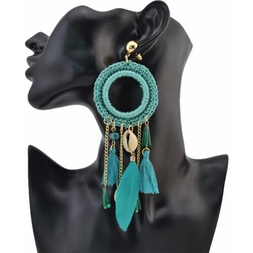 Gypsy Ethnic Boho Big Woven Rope Long Feather Drop Earrings Fringe Thread Shell Tassel Earring Turkish Party Festival Jewelry