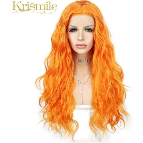 Krismile Long Synthetic Lace Front Wigs Orange Color Water Wave Hair for Women Party Cosplay Drag Queen Daily High Temperature
