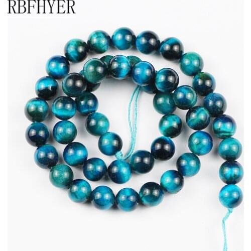 RBFHYER Natural Stone Lake Blue Tiger Eye Beads Round Loose beads 4 6 8 10 12mm DIY necklace Bracelets Jewelry Making Finding 15