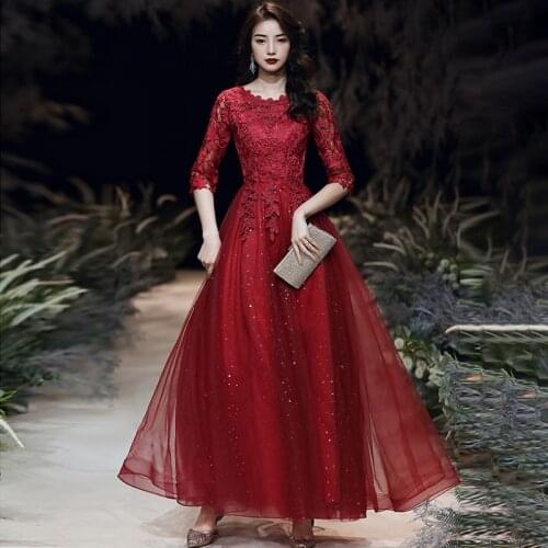 Lace Evening Dresses Women Burgundy Half Sleeves A-line Bling Floor-length O-neck Plus size Customized Formal Party Dress A093