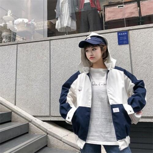 Spring and autumn new womens Korean version of the loose color mixed wild jacket hooded students Harajuku coat baseball uniform