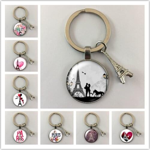 Fashion Eiffel Tower Love Paris beauty Round glass cabochon keychain Bag Car key chain Ring Holder Charms keychains