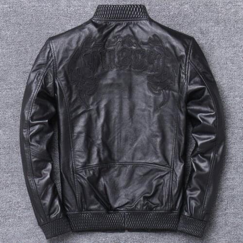 Cowhide Clothing Mens Genuine Baseball Serve Lead Locomotive Youth Embroidery Leather Jacket Leisure Time Short Real