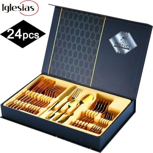 24PCS Gold Tableware Cutlery Dinner Set Cutlery Sets Dishes Knives Forks Spoons Western Kitchen Dinnerware 18/10 Stainless Steel