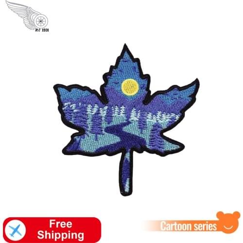 Maple Leaves Embroidery Patches for Clothing DIY Cartoon Iron on Badges Night Forest Kids Bags Hat Accessories Free Shipping