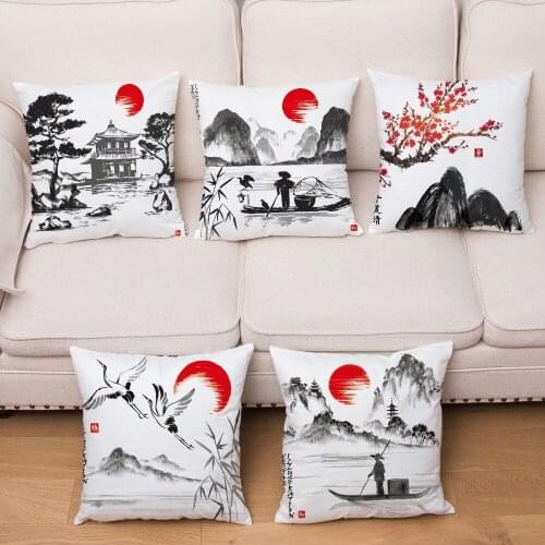 Classical Ink Scenic Print Cushion Cover Super Soft Short Plush Pillow Covers 45*45 Throw Pillows Cases Home Decor Pillowcase