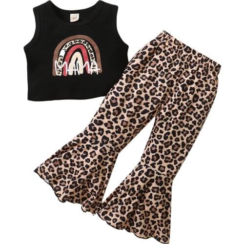 New Girls Casual Two-piece Clothes Set, Black Round Collar Vest and Elastic Waist Flared Pants, Brown/ Blue