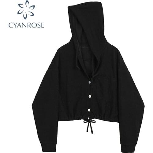 Solid Crop Hoodies Crop Sweatshirt Women Long Sleeve Streetwear Hooded Sweatwear Drawstring Lace Up Slim Cardigan Button Tops