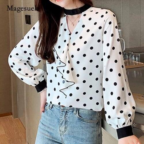 Autumn 2020 Fashion Hollow Ruffles Womens Blouse Long Sleeve Women Tops Polka Dot Print Chiffon Shirts Blusas Mujer 10700