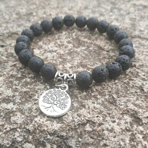 Tree Of life Alloy Charms 8mm Black Lava Stone Beads DIY Essential Oil Perfume Diffuser Bracelet Stretch Yoga Jewelry