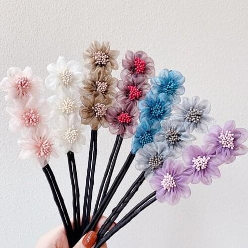 New Women Elegant Bud Chiffon Flowers Bun Maruko Hairstyles Making Long Tools Sweet Headband Hairbands Fashion Hair Accessories