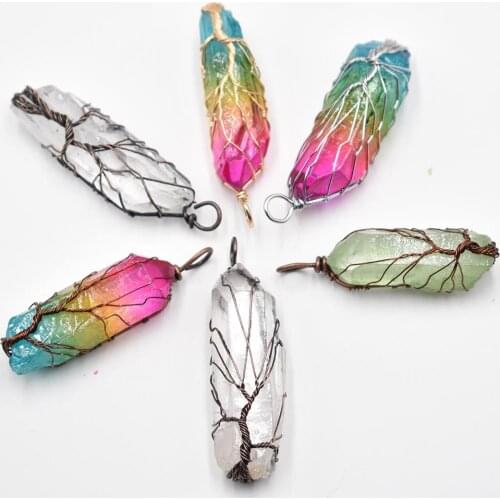 Natural Crystal Pillar mixed Pendants Handmade Antique Copper Wire Wrapped Tree of Life Wholesale 6Pcs/Lot for Necklace Jewelry