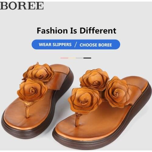 Womens Flip Flops Genuine Leather Wedges Slippers Beach Sandals Fashion Flowers Platform Shoes Summer Shoes Ladies With Heel