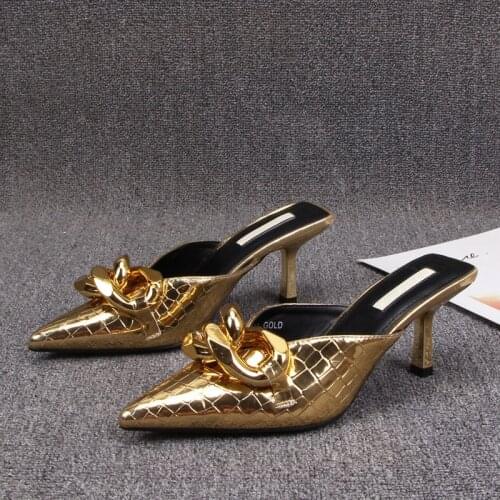 Pointed Toe Shoes Womans Slippers Heeled Mules Slides Med Shallow Fashion Cover 2021 High Thin Luxury Scandals Rubber PU Pumps