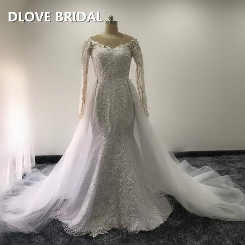 High Quality Beaded Lace Detachable Wedding Dress with Full Long Sleeves Two in One Bridal Gown