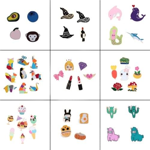 9 style sets Fashion Badge Brooch and Enamel Pins Hat Cactus Rose Rabbit Ice Cream Dolphin Kids Gift for Women Brooches Party