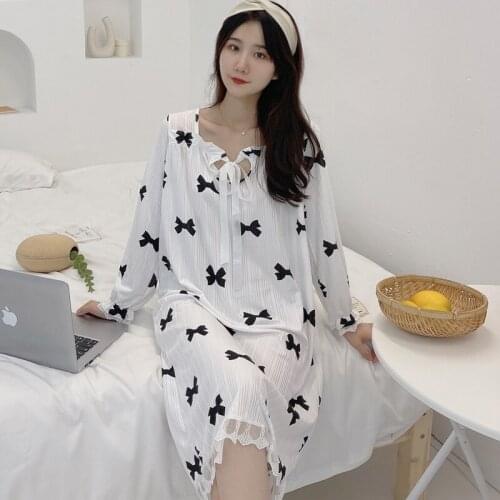2021 Autumn Long Sleeve Sexy V-neck Print Nightgowns for Women Korean Lace Bow Sleepwear Home Dress Night Gown Nightdress Nighty