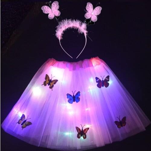 Princess Women Girl Light Glow Star Butterfly Tutu LED Skirt Headband Neon Party home decor wedding birthday Christmas New Year