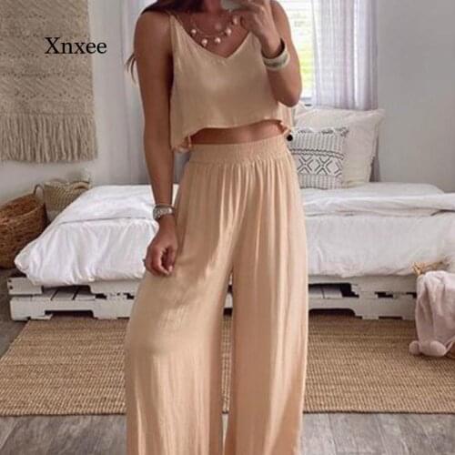 2021 Summer Womens Suspenders Set Drawstring Loose T-Shirt + Wide Leg Pants Ladies Beach Resort Wear