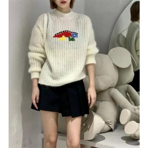 Lazy Oaf White Sweater Women Cartoon Embroidery Pullover 2021 Autumn Oversized Sweater Jumpers Crew Neck Loose Knitwear