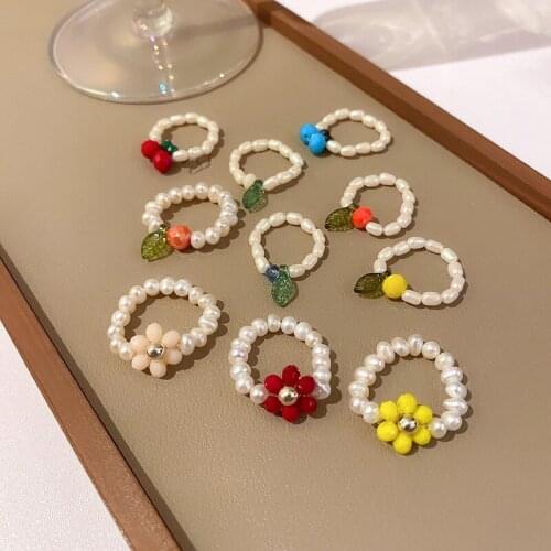 Origin Summer Korean Fashion Crystal Freshwater Pearl Beaded Ring for Women Sweet Multicolor Flower Index Finger Ring Jewelry