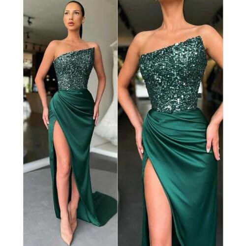 Sexy Mermaid Long Green Sequin Evening Dresses with High Slit Zipper Back Satin Abendkleider Robes de Soirée for Women