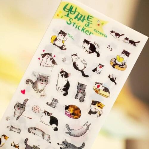 6 sheets/set Cats Cartoon Animals Sticker PVC Cartoon Stickers Diary Sticker Scrapbook Decoration PVC Stationery Stickers
