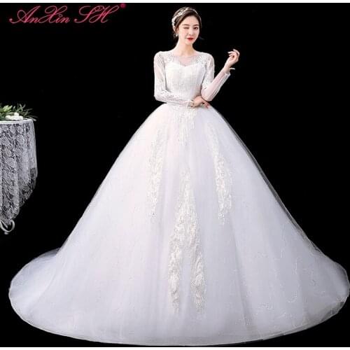 AXJFU princess flower lace white wedding dress party vintage o neck long sleeve illusion bride white sparkly wedding dress