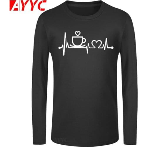 AYYC long sleeve tee Coffee Cup Heartbeat T Shirt Men Women Round Collar Slim Fit Streetwear Casual Funny Cotton Harajuku