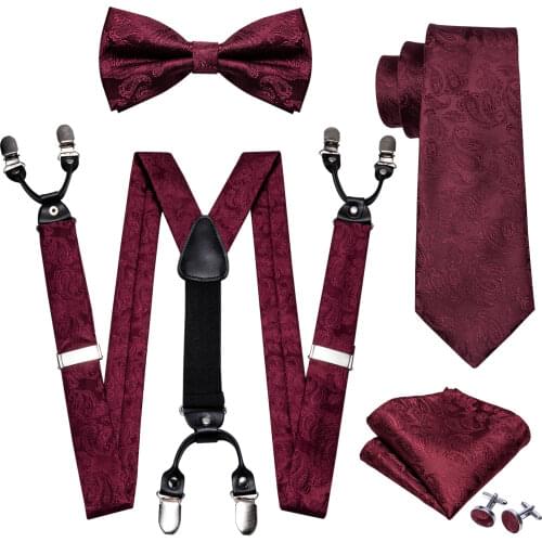 White Paisley Pre-Bow Tie Silk Ties For Men Suspenders Handkerchief Cufflink Set Barry.Wang Fahsion Designer Wedding Gift S-2007