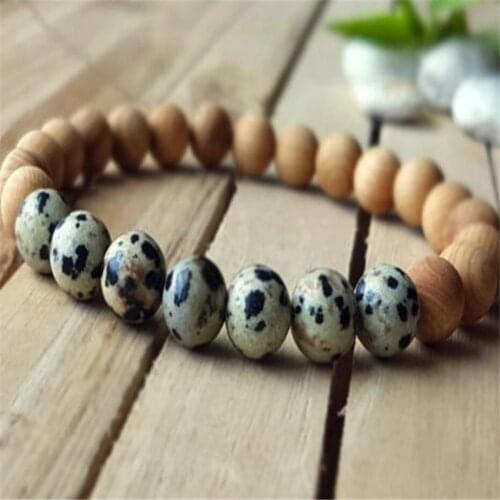 8mm Spotted Stone Sandalwood Bracelet Buddhism Lucky Wrist Bead Cuff Energy Sutra Unisex Healing 7.5inches Monk Meditation Bless