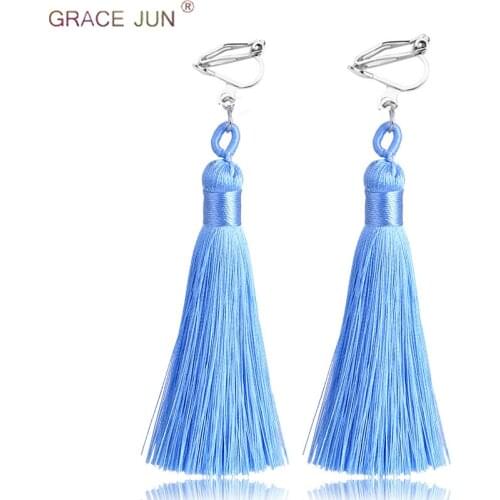 GRACE JUN New Arrival Bohemia Tassel Clip Earring for Women 18 Colors Long Earrings Statement Ear Clip Wholesale