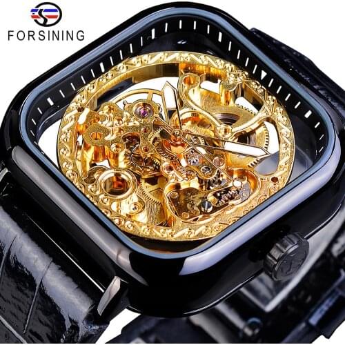 Forsining Transparent Gear Golden Flower Movement Black Genuine Leather Belt Men Automatic Skeleton Watch Top Brand Luxury Clock