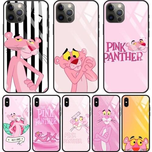 Cartoon Cute Pink Panther Tempered Glass Case For iPhone 13 11 12 Pro Max 13 12 Mini XS XR XS X SE 2020 7 8 6 6S Plus Caso Cover