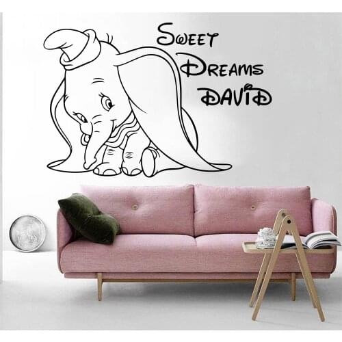 Custom Name Sweet Dream Dumbo Elephant Wall Decal Kids Room Baby Nursery Cartoon Name Dumbo Elephant Wall Sticker Bedroom Vinyl