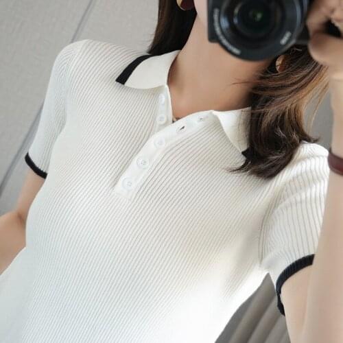 Summer womens T-shirt casual stitching cotton sweater short-sleeved polo collar ladies tops plus size knitwear stretch tees