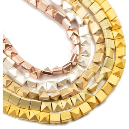 YHBZRET Matte Natural Square Pyramid Gold Hematite Stone Beads 6mm Spacer Loose Beads For Jewelry Making Diy bracelet two holes