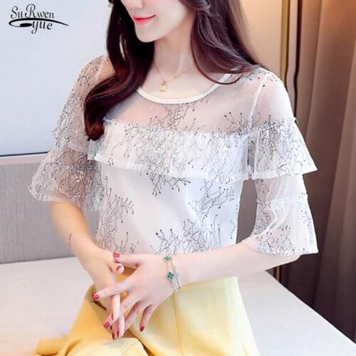 New 2021 Summer Solid Short Sleeve Mesh Chiffon Blouse Women Lace Korean Loose Pullover Women Shirts Tops Chemisier Femme 9563