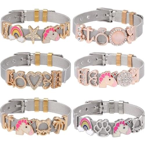 New Design Jewelry Stainless Steel Keeper Mesh Bracelet Set with Heart Rainbow Unicorn Fine Charms Bracelets As Women Gift