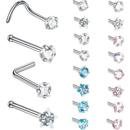 1PC 20G Nostril Piercings CZ Crystal Piercing Nose Stud Stainless Steel Star Heart Nose Rings Nariz Piercing Jewelry For Women