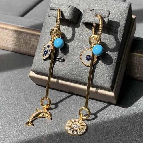 New Ocean Zirconia Paradise Asymmetric Dolphin Fish Earrings Luxury Summer Beach Shell Party Earring Zk30