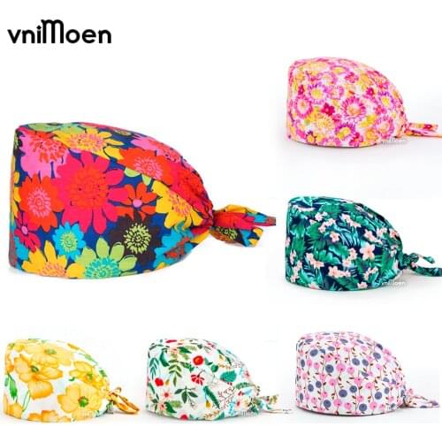 Flowers Printing Scrubs Cap Skull Beautician Nursing Cotton Hats for Women and Men Tieback Nursing Hats Chef Work Hat