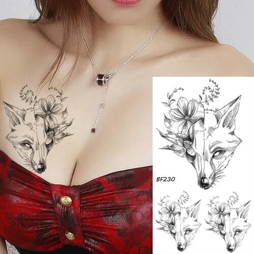 Black Sketch Fox Flower Water Transfer Custom Tattoos Stickers Women Girls Sexy Chest Arm Tattoos Temporary Birds Adhesive Tatoo
