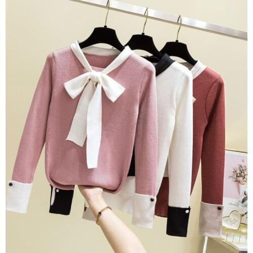 New Women Sweater 2019 Autumn Comfortable Bottoming Bow Sweater Pullover Female Long Sleeve Solid Slim-Fit Sweater Clothing Tops
