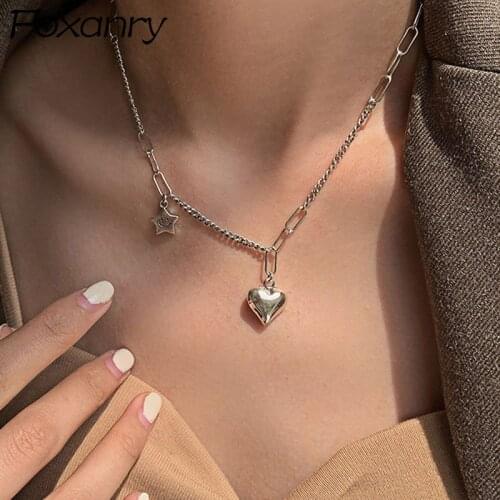 Foxanry 925 Sterling Silver Sweater Necklace for Women Trend Elegant Vintage Creative Smiley Star Pendant Jewelry Birthday Gifts