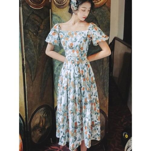 Sexy Square Collar Printed Dress Women Vintage Floral Dress Feminine 2021 Dress Summer New Short Sleeve Ladies Elegant Vestido