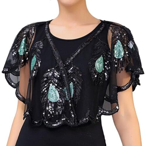 1920s Shawl Wraps Leaf Embroidered Sequin Beaded Evening Cape for Party Bridal Shawl Bolero Vintage Women Flapper Cover Up