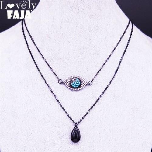 2pcs Moon Star Turkish Eye Zircon Copper Stainless Steel Women Necklace Black Layered Necklaces Jewelry colares feminino NC45S03